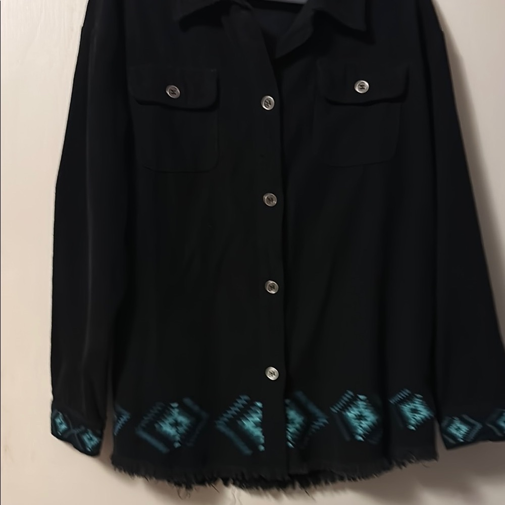 Black corduroy Button-Up Top with Teal Accents